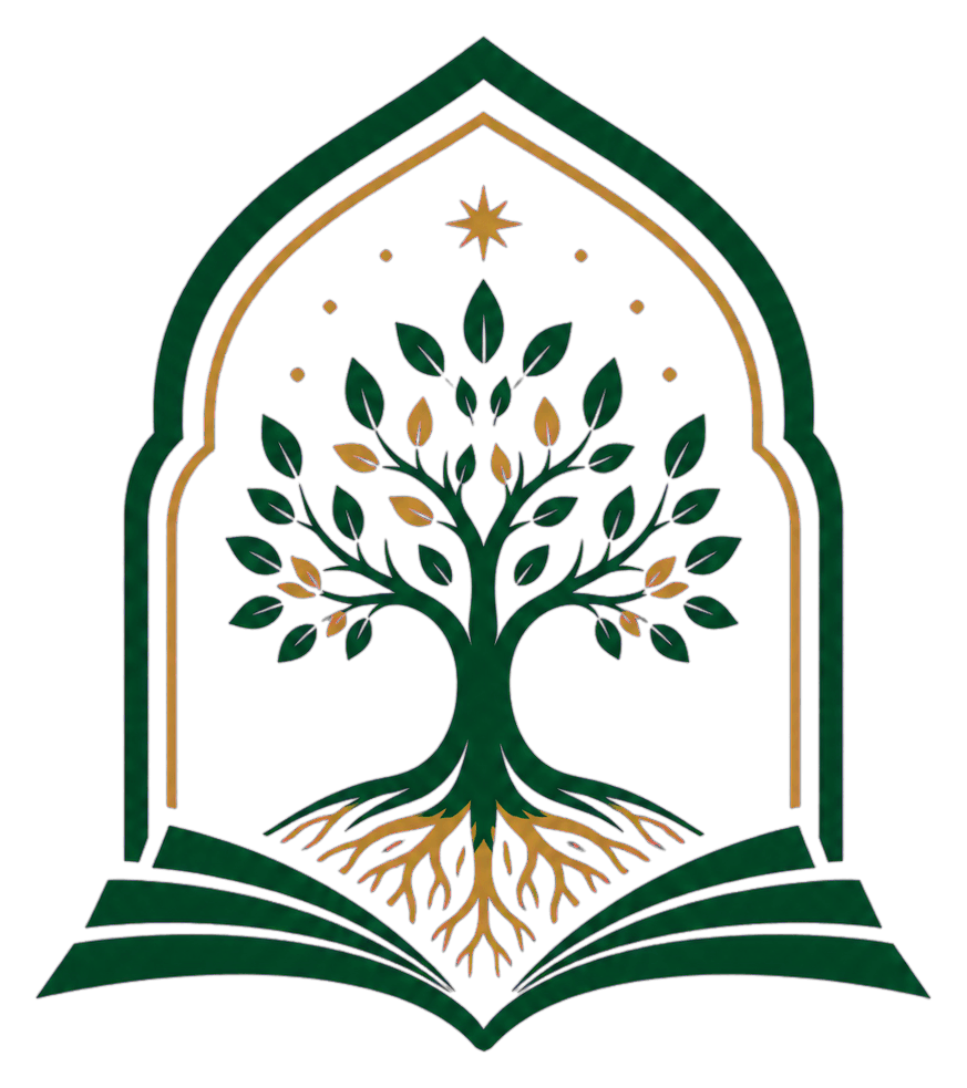 Emblème de l’Académie Ihsan : un arbre enraciné dans un livre ouvert sous une arche.