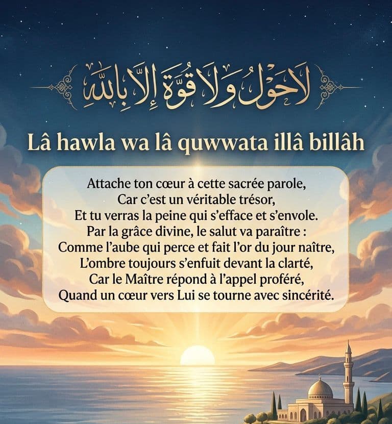 Paysage au lever du jour accompagné de la formule Lâ hawla wa lâ quwwata illâ billâh.