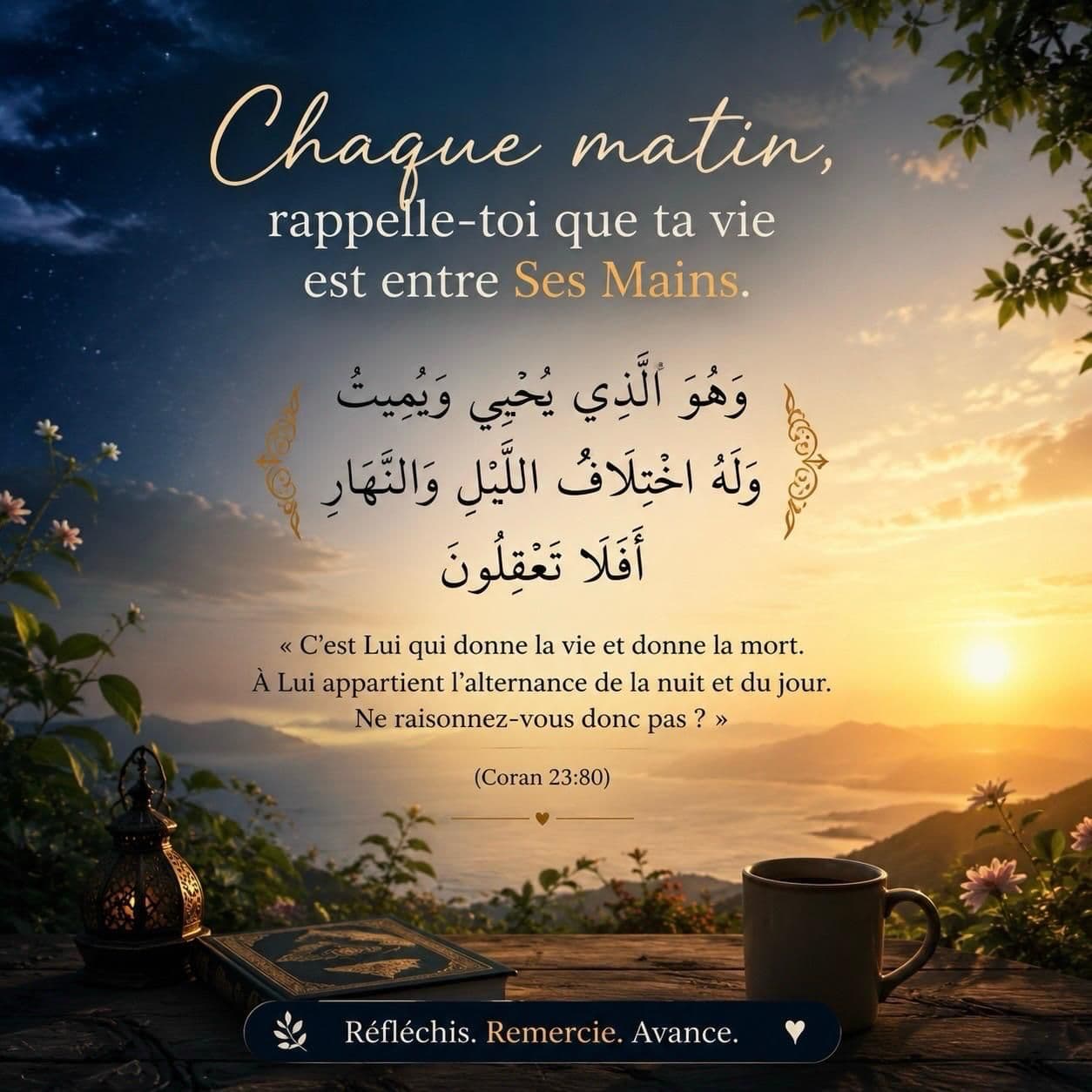 Lever de soleil sur un paysage de montagne accompagné d’une réflexion sur le matin et la confiance.
